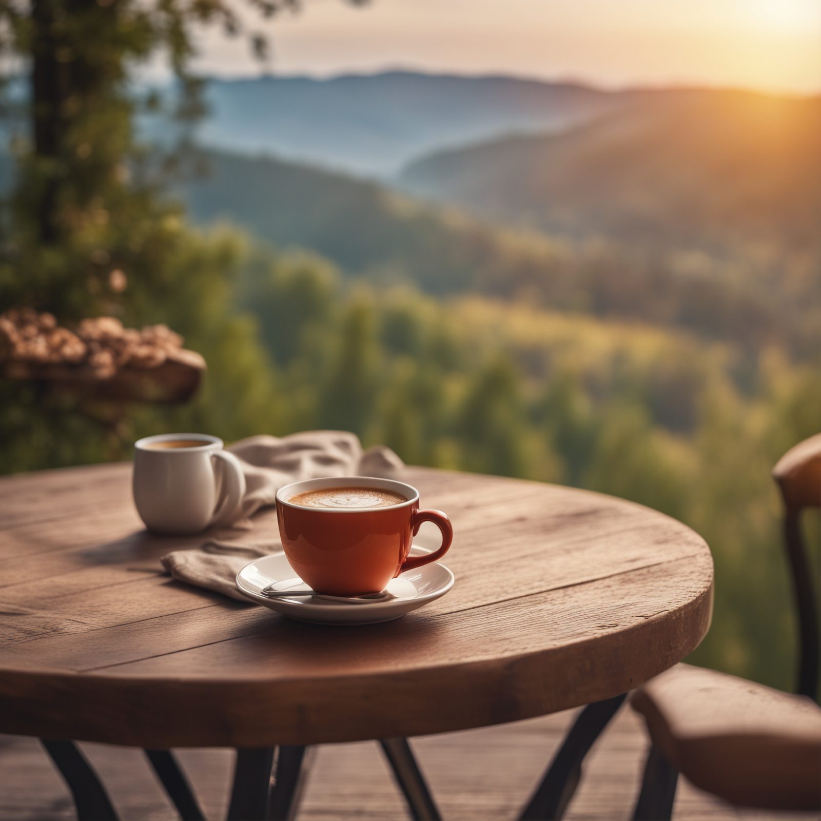 Coffee on a table overlooking a mountain sunset